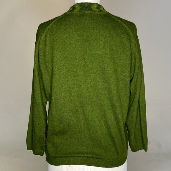 Vintage Ballantyne of Peebles 100% Pure Cashmere Green Chevron Cardigan Sweater - Picture 8 of 9
